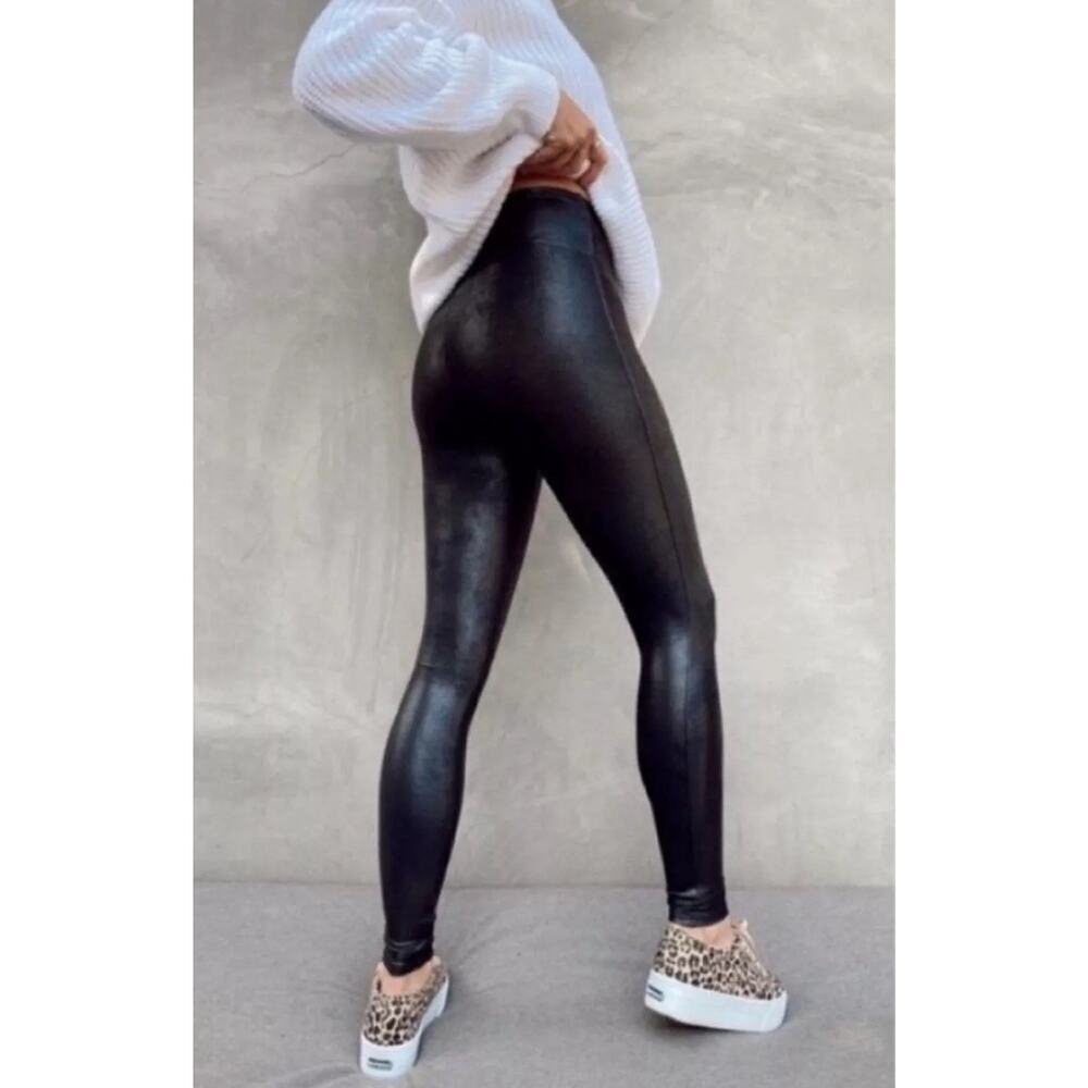 SPANX Faux Leather Moto Leggings High Waisted Stretch Black Slimming Skinny L